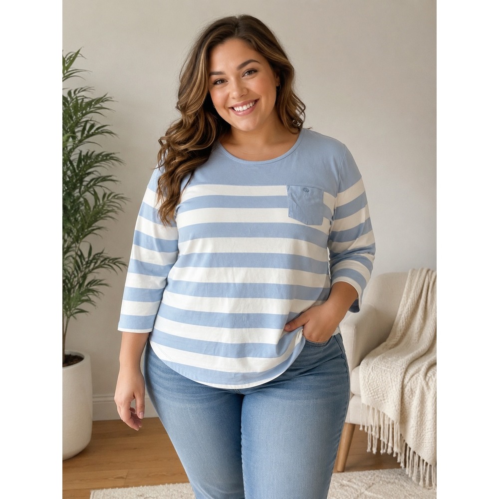 Coral Bay Woman Striped 3/4 Sleeve Pocket Top Light Blue White 1X NEW